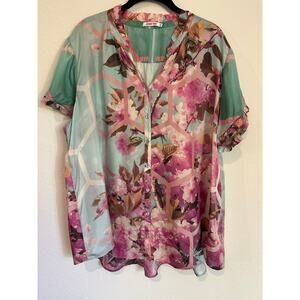 Johnny Was Hunny Nahia Top 100% silk floral and honeycomb print Size XL